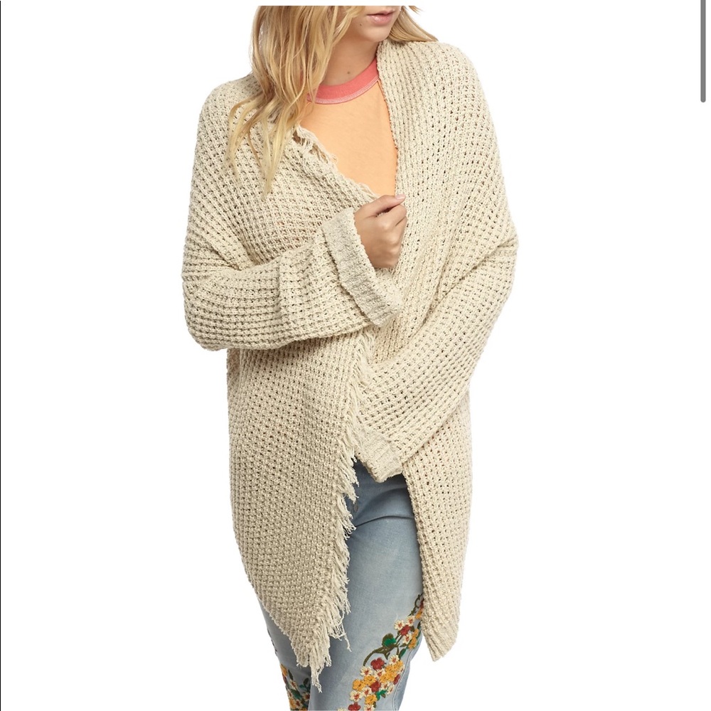 Free People Cream Waffle Knit Fringe Open Cardigan